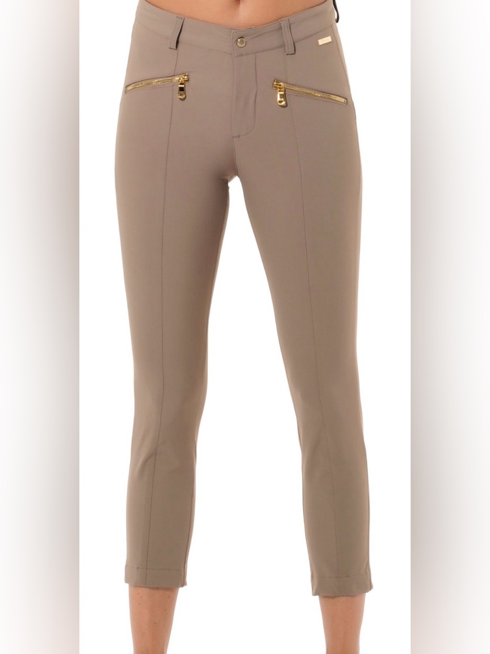 MDC 4way stretch shiny gold zip cropped toffee pants size 32/0